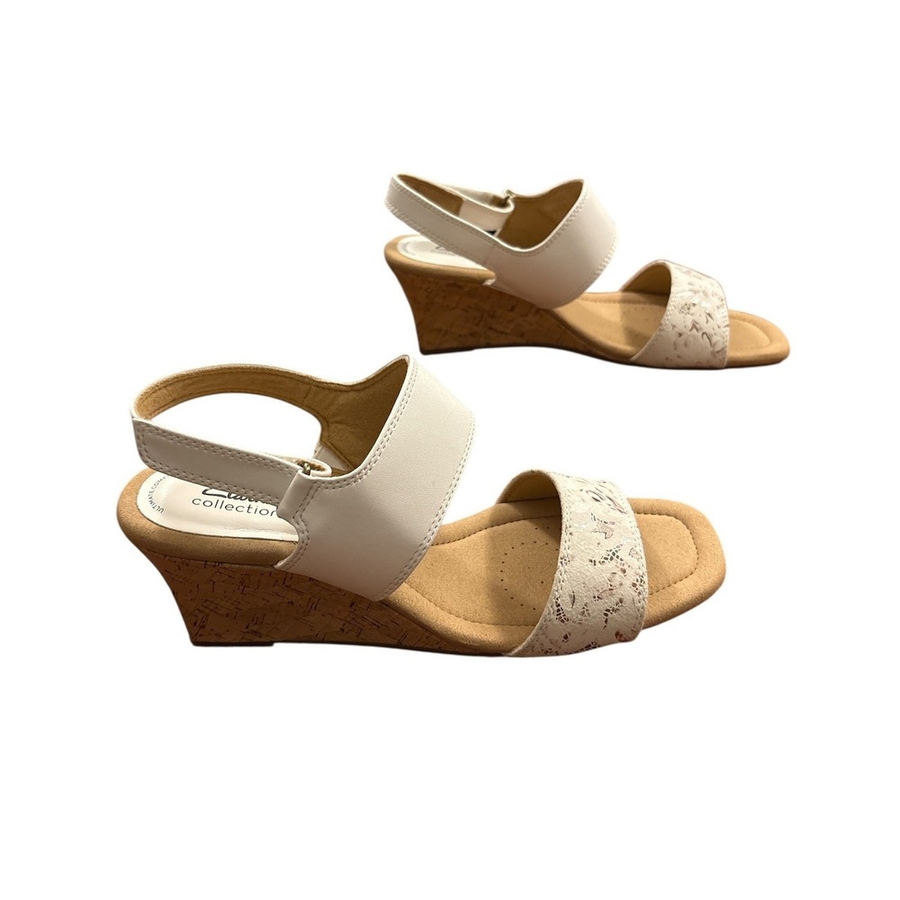 NIB Clarks Collection Kyarra Faye White Leather Wedge Sandals Women's 9.5M